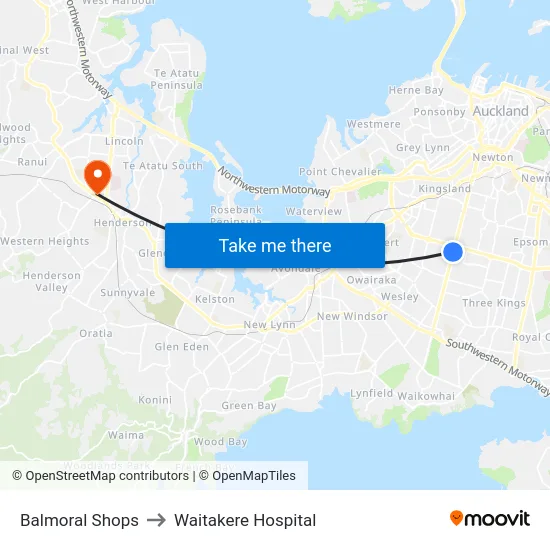 Balmoral Shops to Waitakere Hospital map