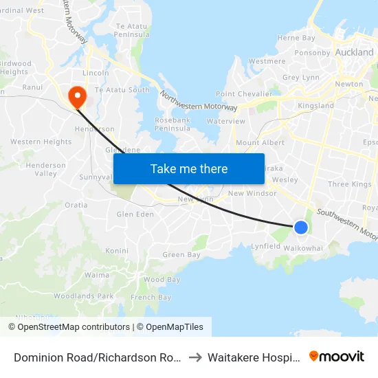 Dominion Road/Richardson Road to Waitakere Hospital map