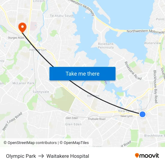Olympic Park to Waitakere Hospital map