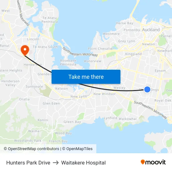 Hunters Park Drive to Waitakere Hospital map