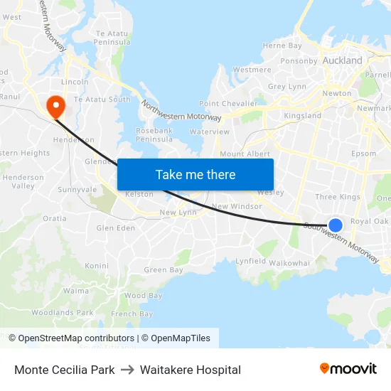 Monte Cecilia Park to Waitakere Hospital map
