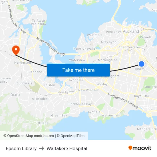Epsom Library to Waitakere Hospital map