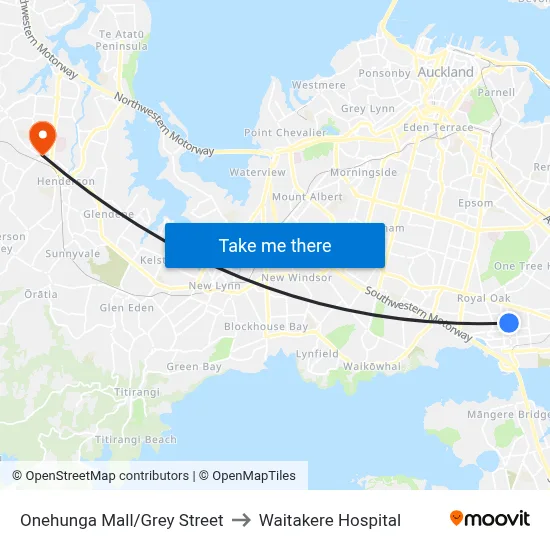Onehunga Mall/Grey Street to Waitakere Hospital map