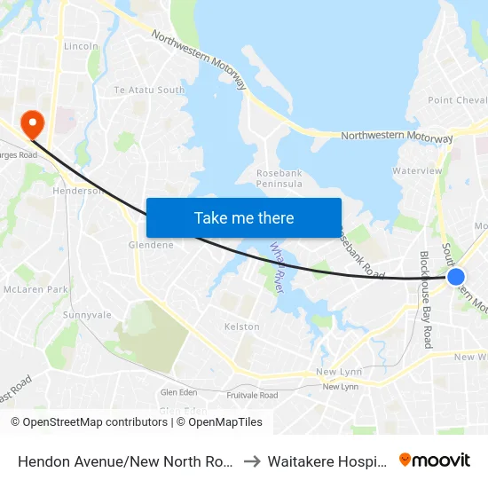 Hendon Avenue/New North Road to Waitakere Hospital map