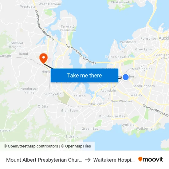 Mount Albert Presbyterian Church to Waitakere Hospital map