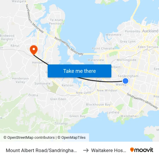 Mount Albert Road/Sandringham Road to Waitakere Hospital map