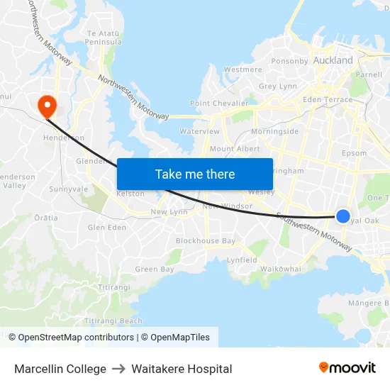 Marcellin College to Waitakere Hospital map