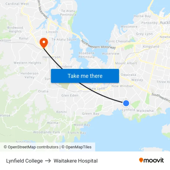Lynfield College to Waitakere Hospital map
