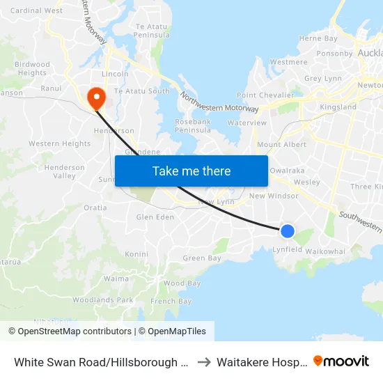 White Swan Road/Hillsborough Road to Waitakere Hospital map