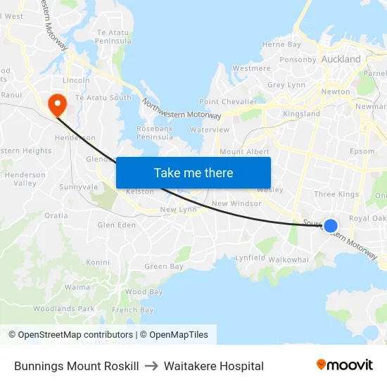 Bunnings Mount Roskill to Waitakere Hospital map