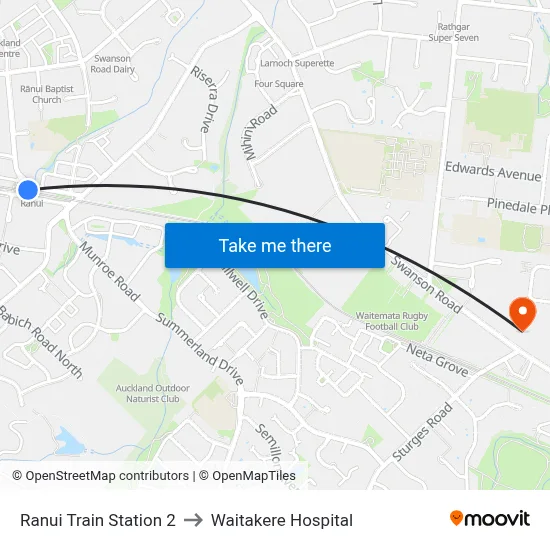 Ranui Train Station 2 to Waitakere Hospital map