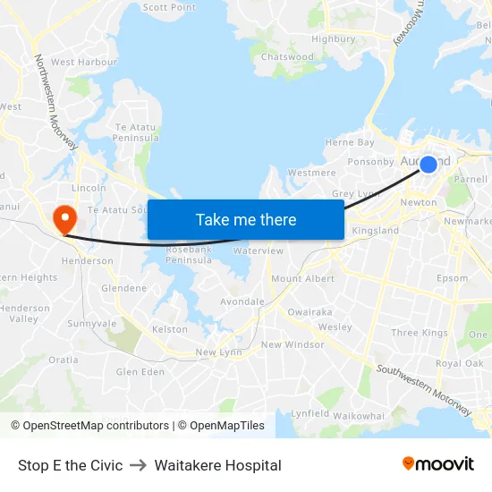 Stop E the Civic to Waitakere Hospital map