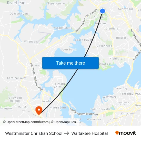 Westminster Christian School to Waitakere Hospital map