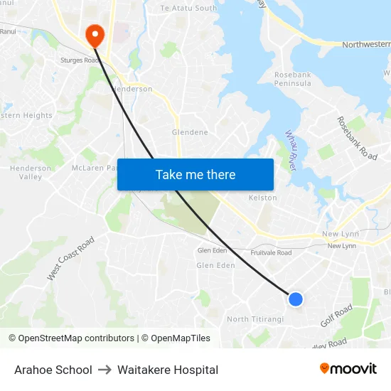 Arahoe School to Waitakere Hospital map
