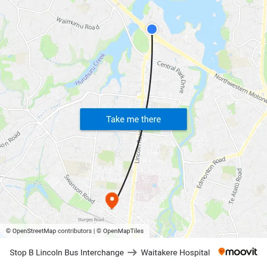 Stop B Lincoln Bus Interchange to Waitakere Hospital map