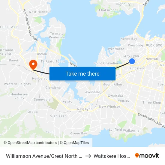 Williamson Avenue/Great North Road to Waitakere Hospital map