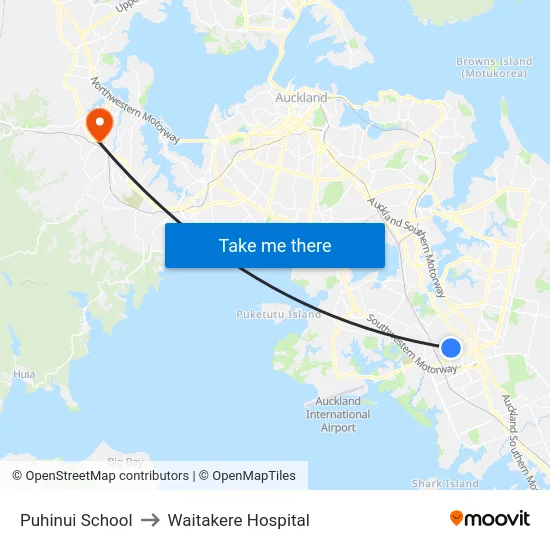 Puhinui School to Waitakere Hospital map