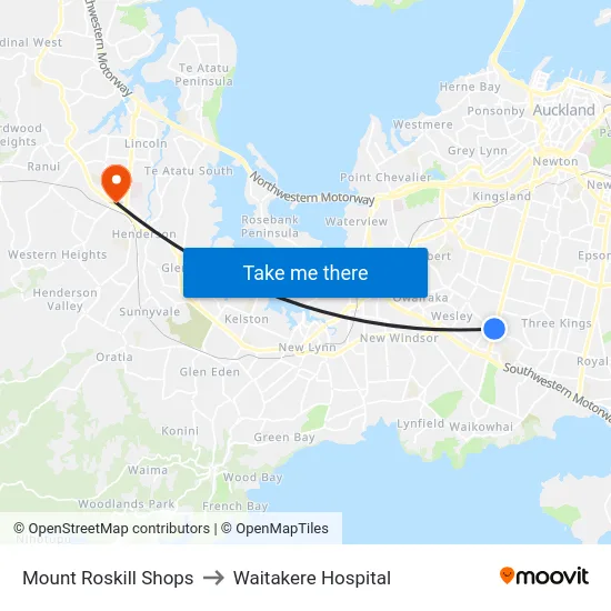 Mount Roskill Shops to Waitakere Hospital map