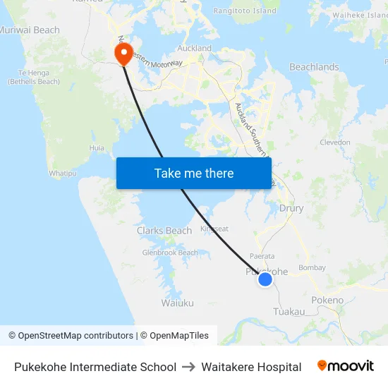 Pukekohe Intermediate School to Waitakere Hospital map