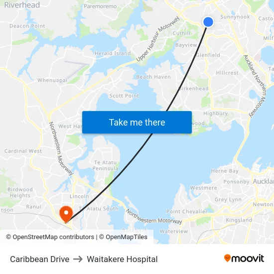 Caribbean Drive to Waitakere Hospital map