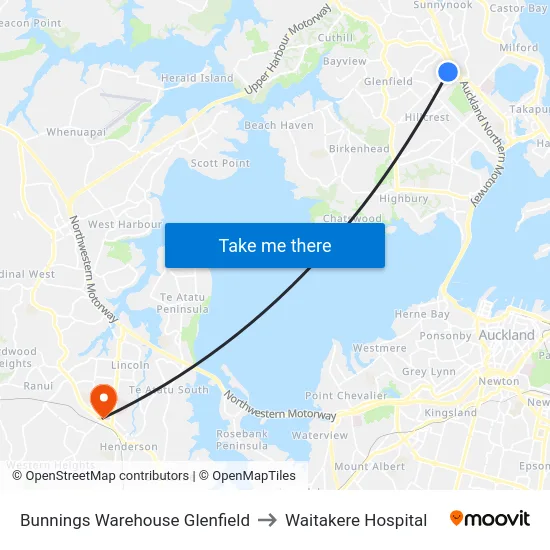Bunnings Warehouse Glenfield to Waitakere Hospital map