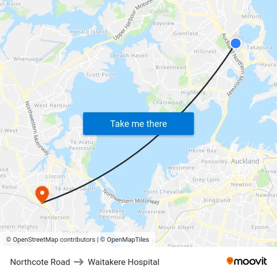 Northcote Road to Waitakere Hospital map