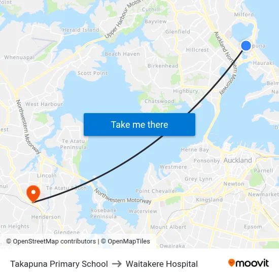Takapuna Primary School to Waitakere Hospital map