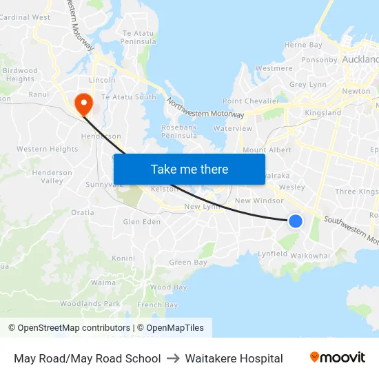 May Road/May Road School to Waitakere Hospital map