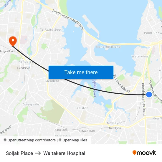 Soljak Place to Waitakere Hospital map