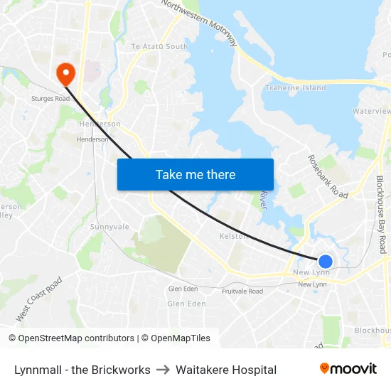 Lynnmall - the Brickworks to Waitakere Hospital map