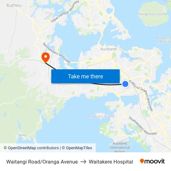 Waitangi Road/Oranga Avenue to Waitakere Hospital map