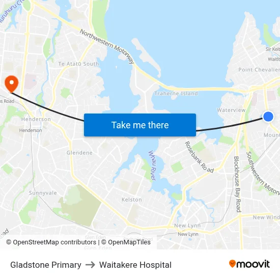 Gladstone Primary to Waitakere Hospital map