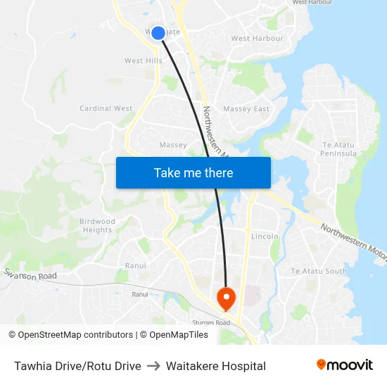 Tawhia Drive/Rotu Drive to Waitakere Hospital map