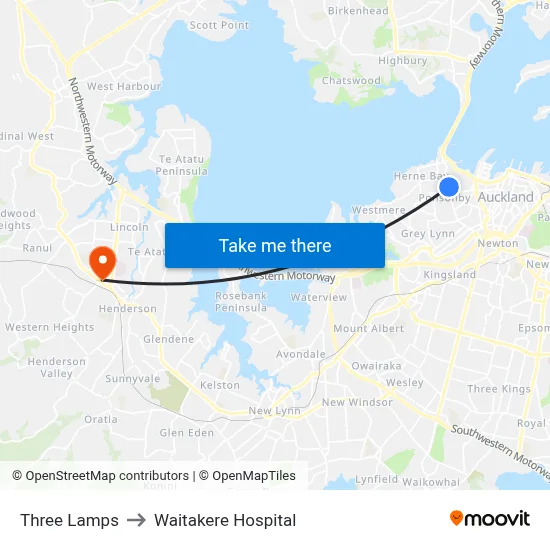 Three Lamps to Waitakere Hospital map