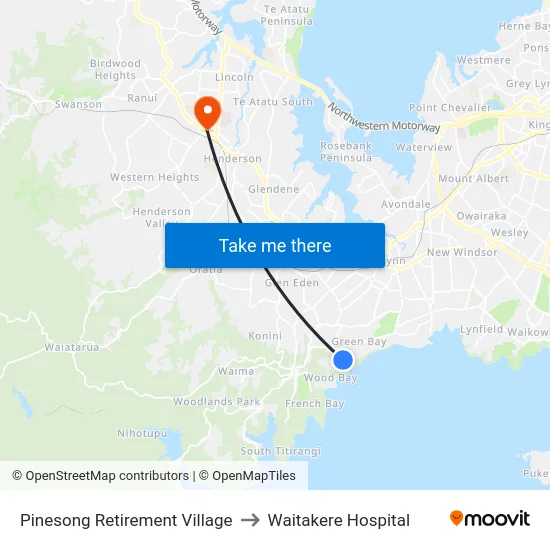 Pinesong Retirement Village to Waitakere Hospital map