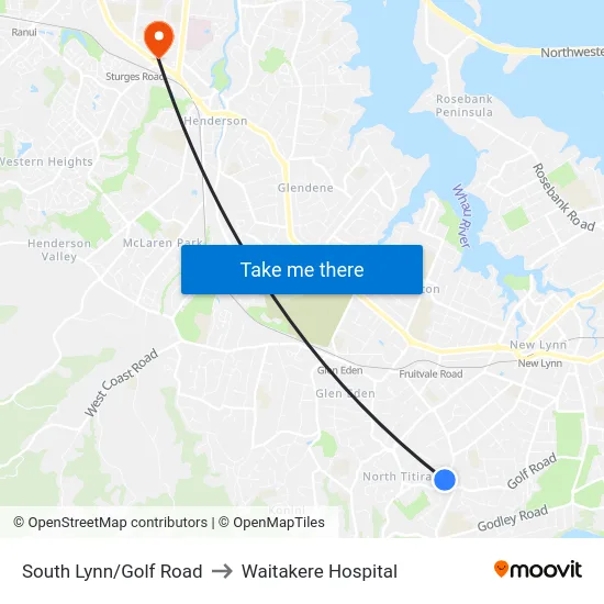 South Lynn/Golf Road to Waitakere Hospital map