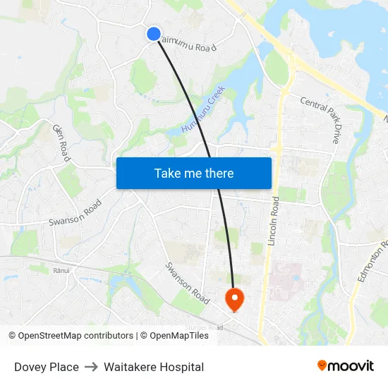 Dovey Place to Waitakere Hospital map