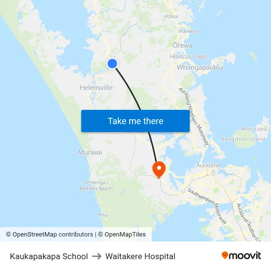 Kaukapakapa School to Waitakere Hospital map
