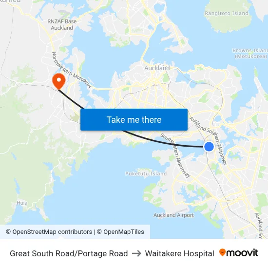 Great South Road/Portage Road to Waitakere Hospital map