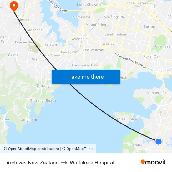 Archives New Zealand to Waitakere Hospital map