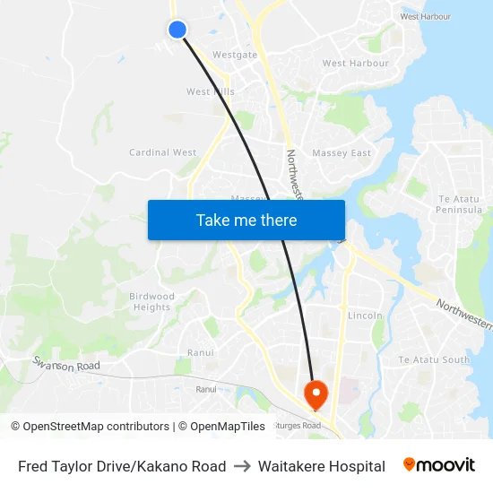 Fred Taylor Drive/Kakano Road to Waitakere Hospital map