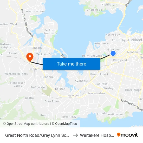 Great North Road/Grey Lynn School to Waitakere Hospital map