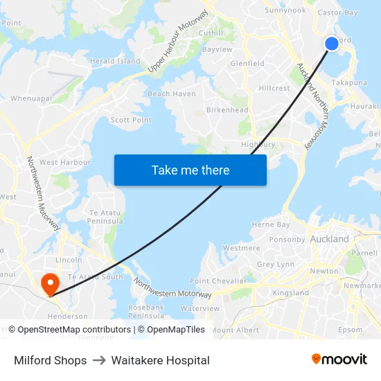 Milford Shops to Waitakere Hospital map