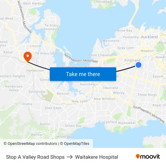 Stop A Valley Road Shops to Waitakere Hospital map