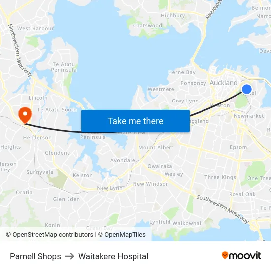Parnell Shops to Waitakere Hospital map