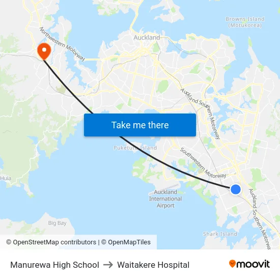 Manurewa High School to Waitakere Hospital map
