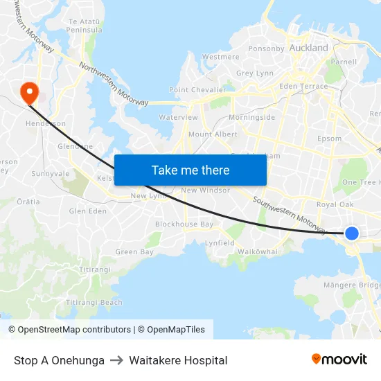 Stop A Onehunga to Waitakere Hospital map