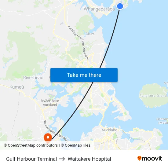 Gulf Harbour Terminal to Waitakere Hospital map