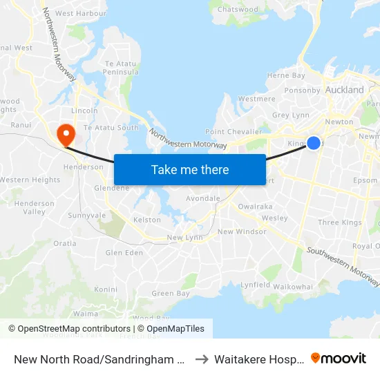 New North Road/Sandringham Road to Waitakere Hospital map
