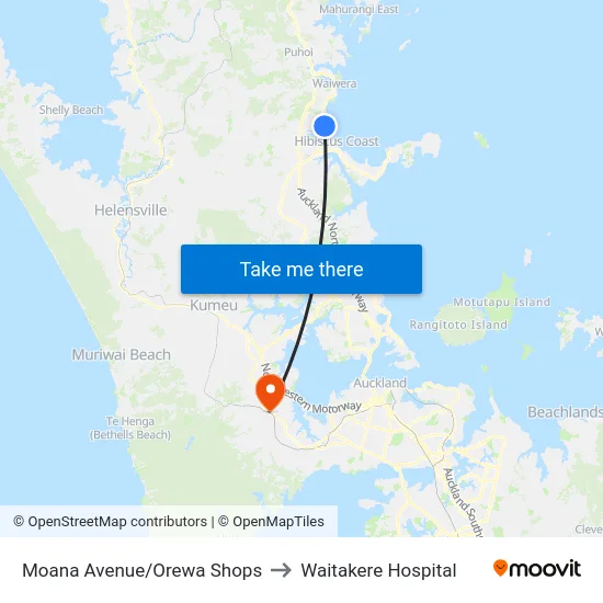 Moana Avenue/Orewa Shops to Waitakere Hospital map